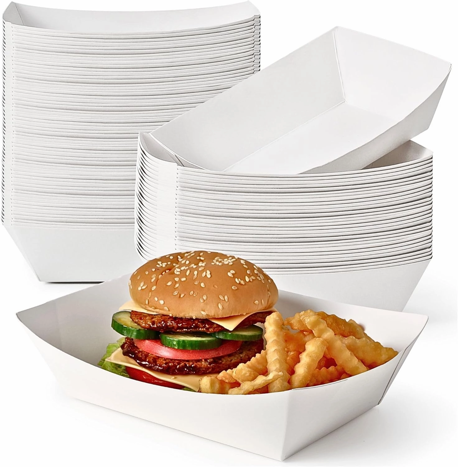 Fit Meal Prep [500 Pack 5 lb Paper Food Trays Heavy Duty Disposable Food Boats, White Nacho Tray for Parties Fairs Picnics Carnivals, Holds Hamburger Tacos Snack Fries, Grease Resistant