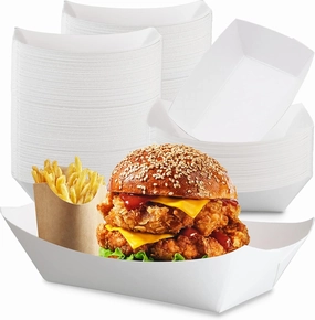 Fit Meal Prep [500 Pack 5 lb Paper Food Trays Heavy Duty Disposable Food Boats, White Nacho Tray for Parties Fairs Picnics Carnivals, Holds Hamburger Tacos Snack Fries, Grease Resistant