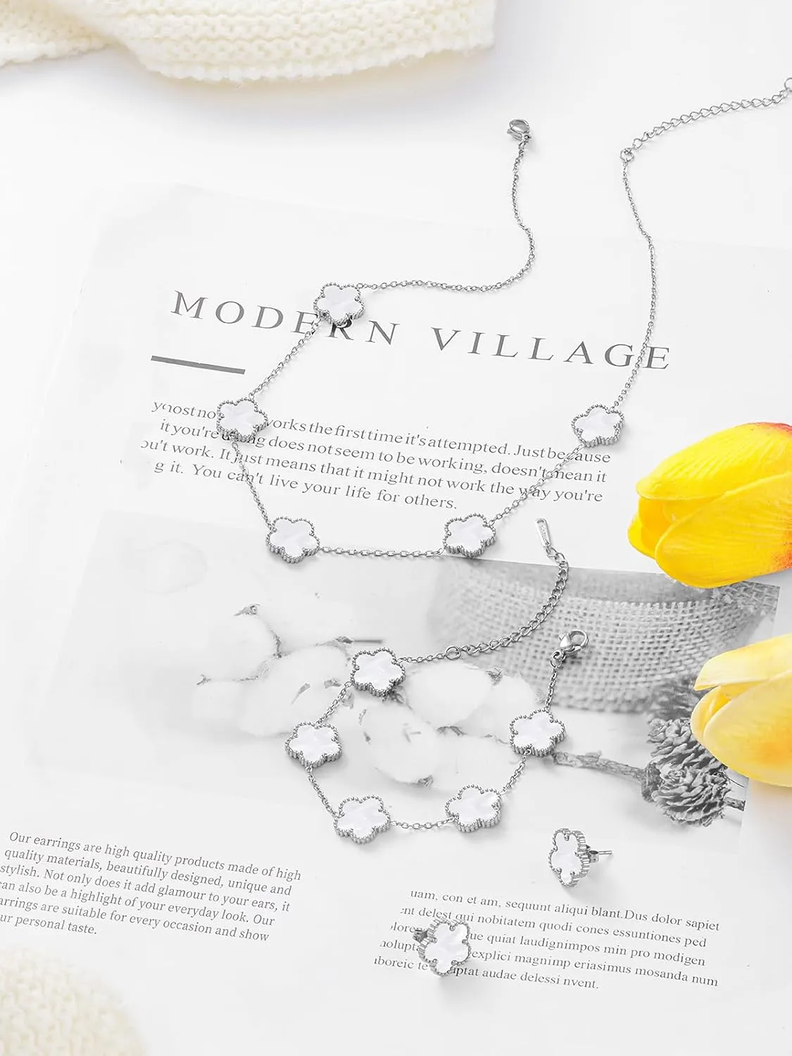 Five Leaf Clover Necklace Bracelet and Stud Set for Women Lucky Flower Gold Plated Jewelry