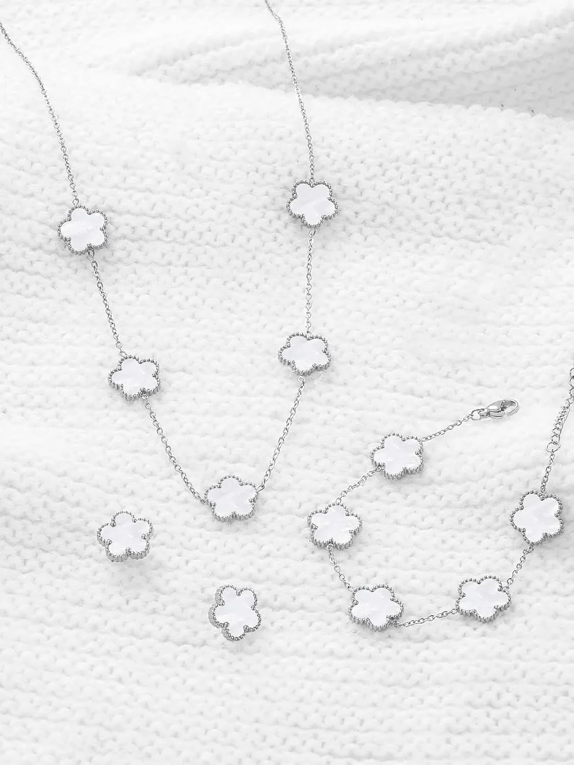 Five Leaf Clover Necklace Bracelet and Stud Set for Women Lucky Flower Gold Plated Jewelry