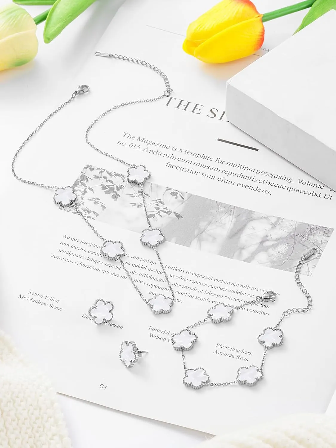 Five Leaf Clover Necklace Bracelet and Stud Set for Women Lucky Flower Gold Plated Jewelry