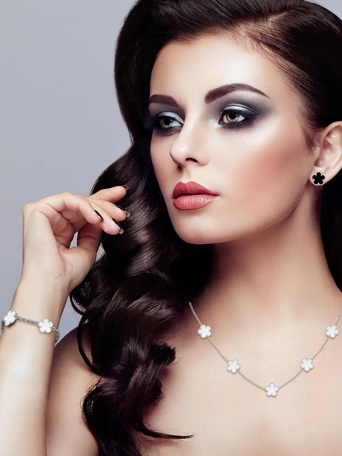 Five Leaf Clover Necklace Bracelet and Stud Set for Women Lucky Flower Gold Plated Jewelry