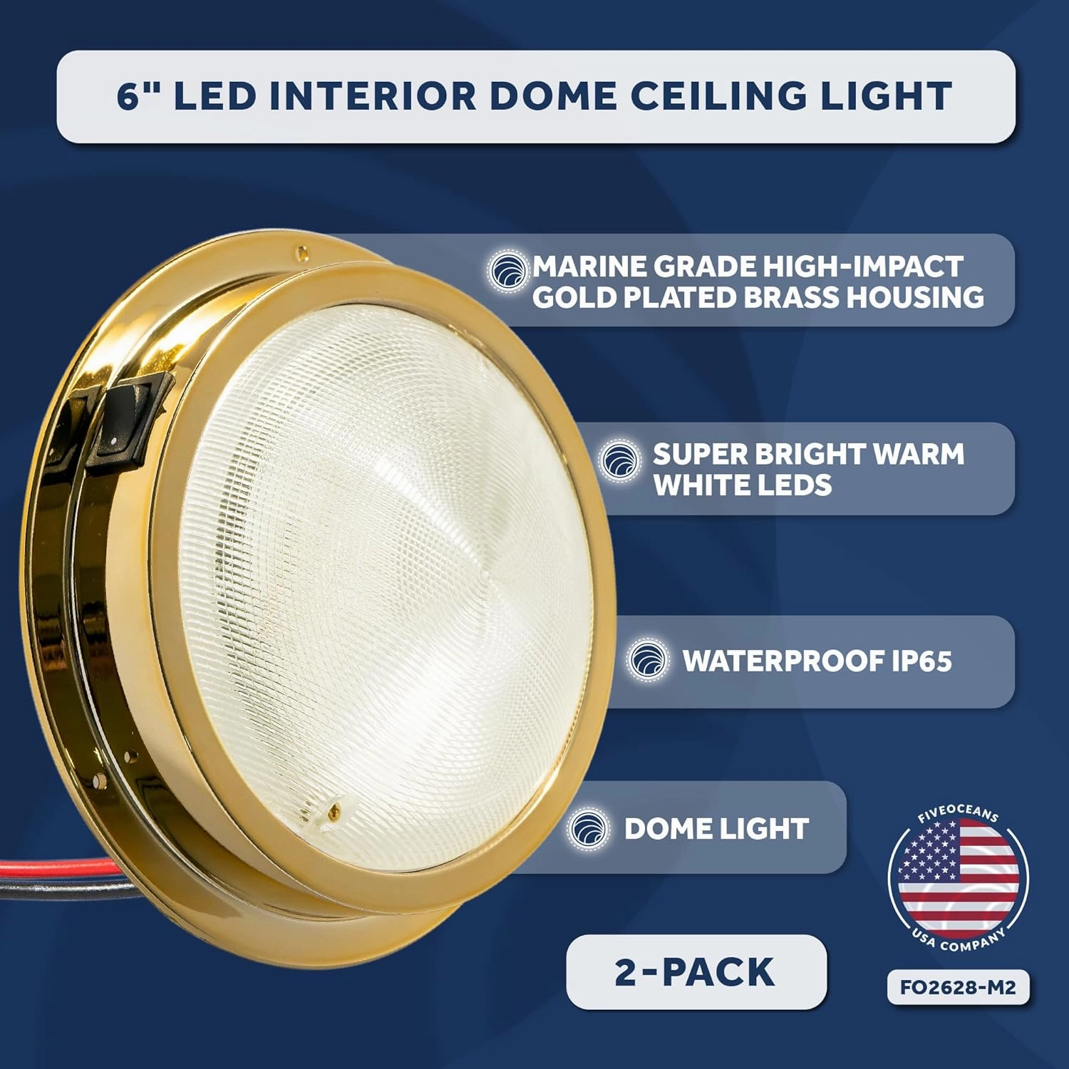 Five Oceans 6-Inch Marine LED Interior Dome Light, 2 Pack, Boat Ceiling LED Lights, Round High Power Downlight, Warm White LED, On-Off Rocker Switch, 12V, Surface Mount for Boat RV Trailer - FO2628-M2