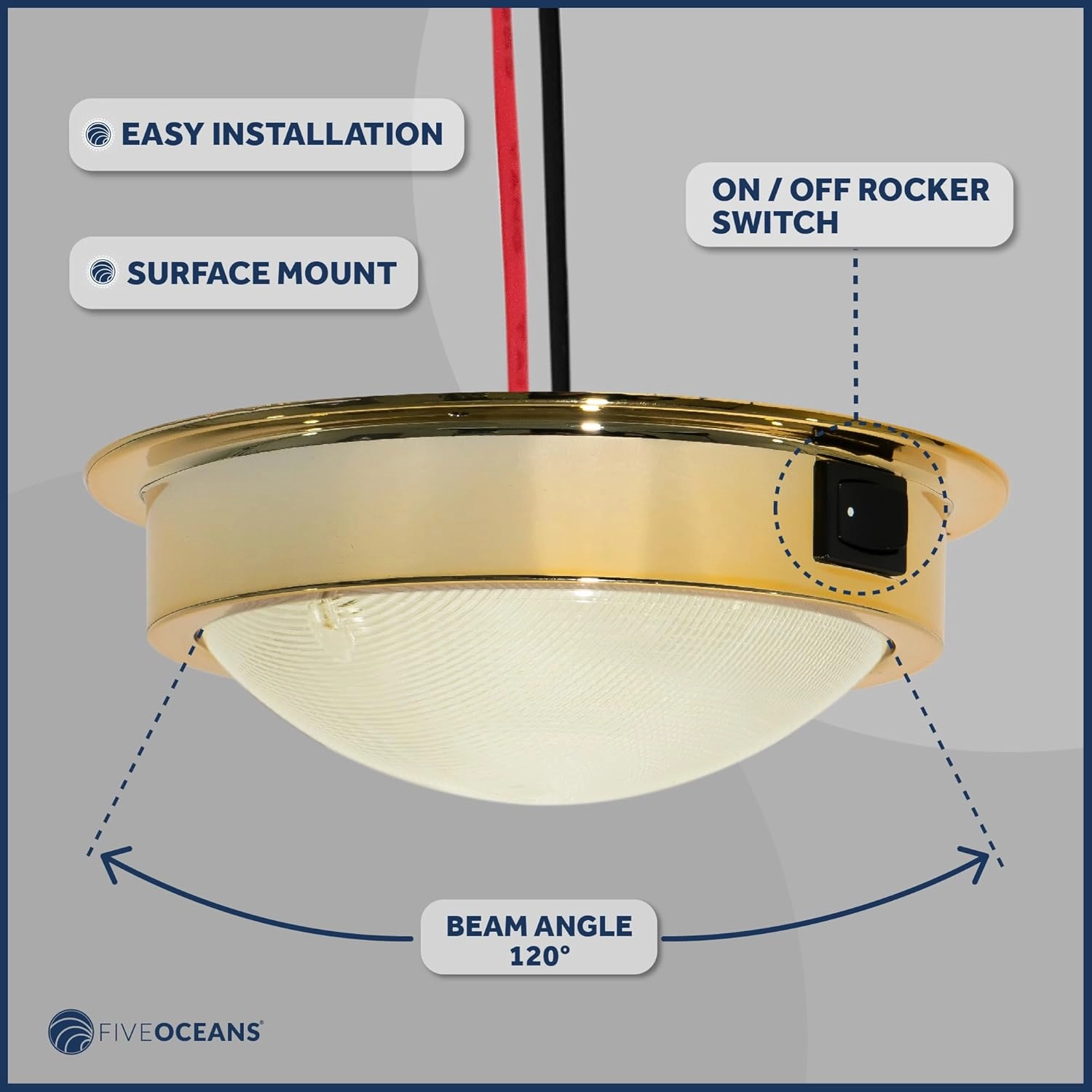 Five Oceans 6-Inch Marine LED Interior Dome Light, 2 Pack, Boat Ceiling LED Lights, Round High Power Downlight, Warm White LED, On-Off Rocker Switch, 12V, Surface Mount for Boat RV Trailer - FO2628-M2