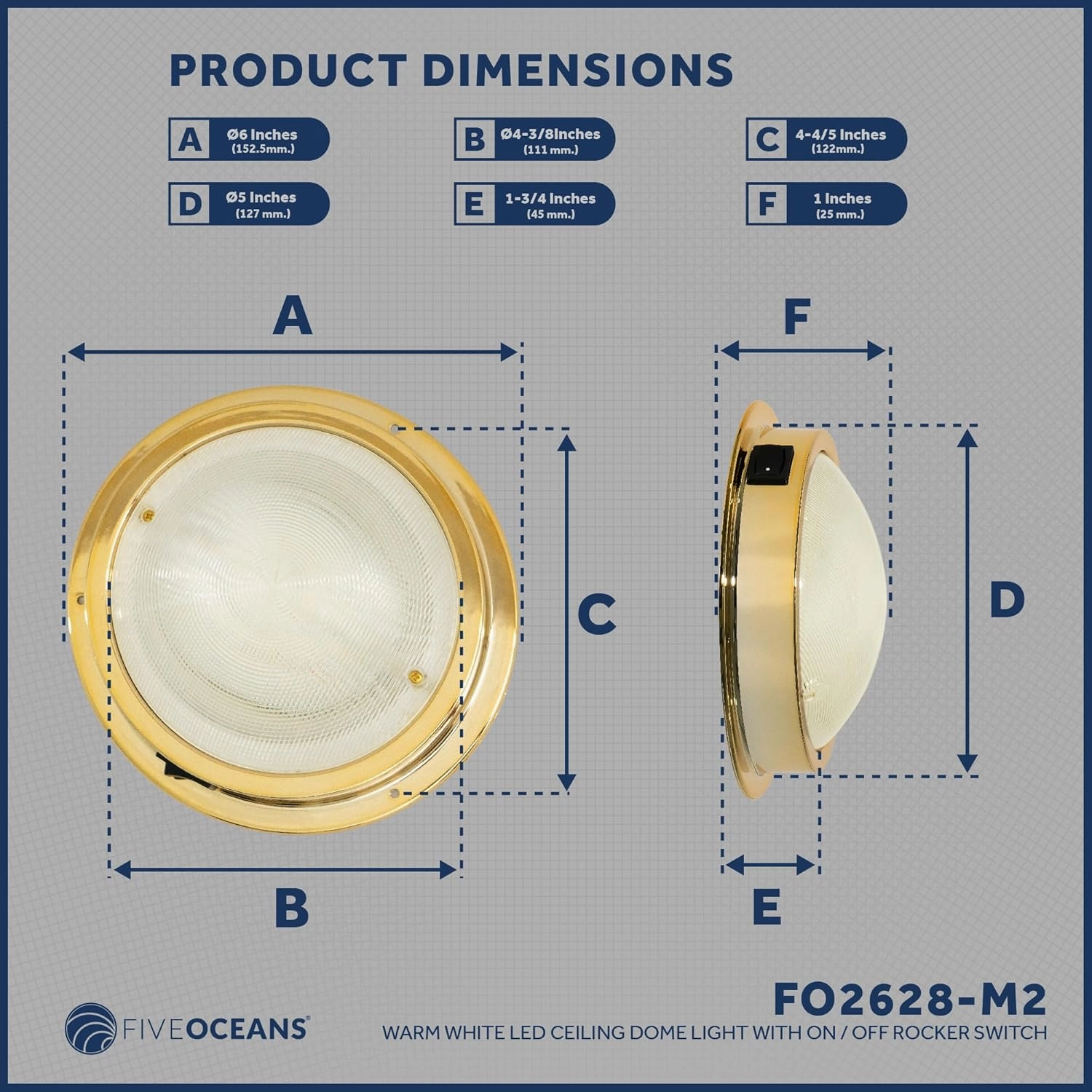 Five Oceans 6-Inch Marine LED Interior Dome Light, 2 Pack, Boat Ceiling LED Lights, Round High Power Downlight, Warm White LED, On-Off Rocker Switch, 12V, Surface Mount for Boat RV Trailer - FO2628-M2