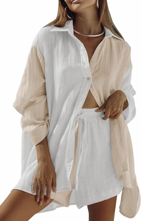 Fixmatti Women 2 Piece Outfits Long Sleeve Button Down Blouse and Shorts Sweatsuit Sets