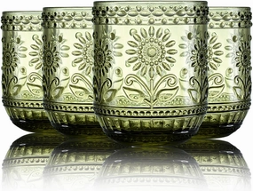 Floral Embossed Water Glasses 12 Oz, Vintage Drinking Glasses Set of 4, Colored Glass Tumblers (Green)
