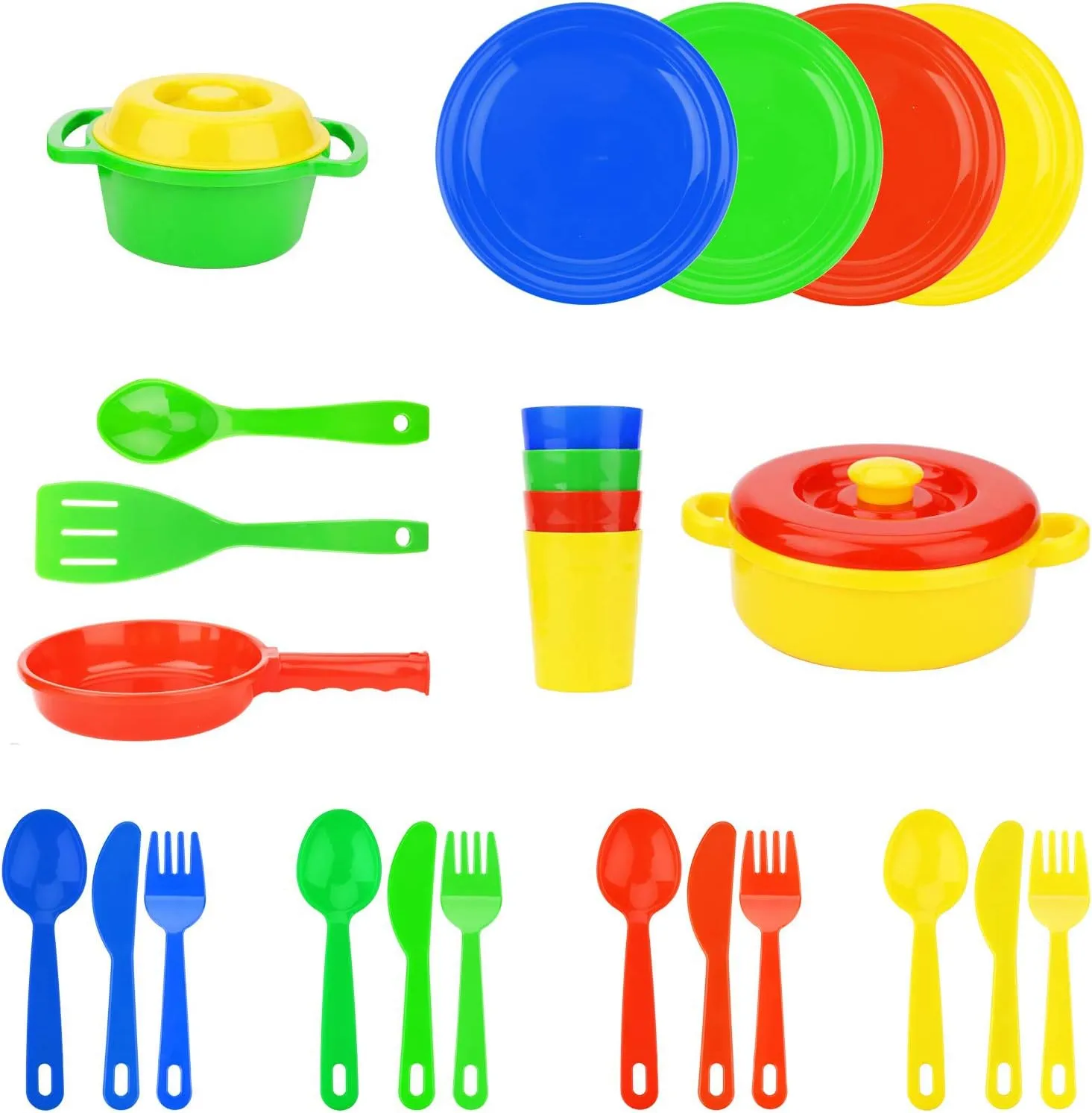 FLORMOON Play Dishes Set - 27pcs Durable Pretend Play Cooking Toys - Super Sturdy, BPA Free, Food Safe, Phthalate Free - Kid Dishes Kitchen Toys for Boys and Girls 2  Years