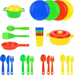 FLORMOON Play Dishes Set - 27pcs Durable Pretend Play Cooking Toys - Super Sturdy, BPA Free, Food Safe, Phthalate Free - Kid Dishes Kitchen Toys for Boys and Girls 2  Years