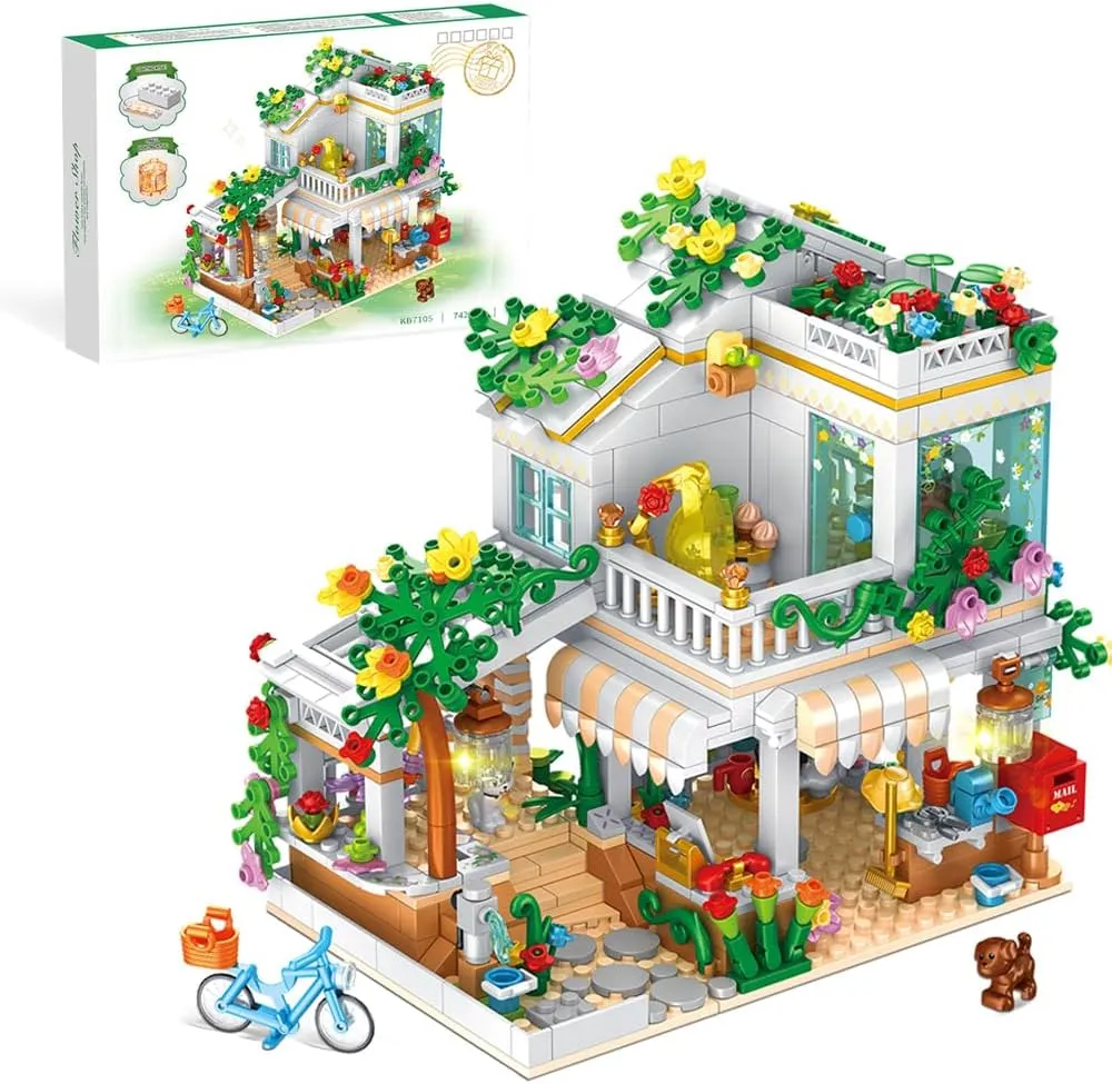 Flower Shop with LED Light Building Blocks Toys 742 Pieces Girl's Favorite Flowers House Set Coffee Shop Gift for Kids Construction Building Bricks Toys for Age 6 and Up