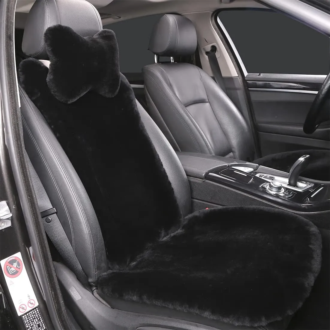 Fluffy Fuzzy Sheepskin Car Seat Covers for Universal Soft Cozy Fur Auto Wool Seat Cushion Accessories Automobiles(3 Pack Front, Black)