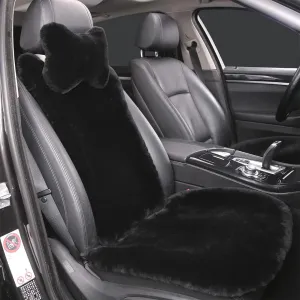 Fluffy Fuzzy Sheepskin Car Seat Covers for Universal Soft Cozy Fur Auto Wool Seat Cushion Accessories Automobiles(3 Pack Front, Black)