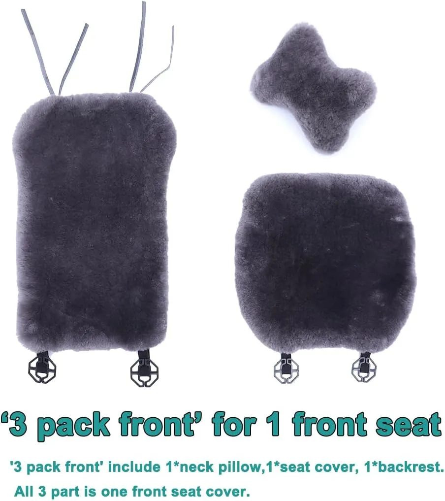 Fluffy Fuzzy Sheepskin Car Seat Covers for Universal Soft Cozy Fur Auto Wool Seat Cushion Accessories Automobiles(3 Pack Front, Black)