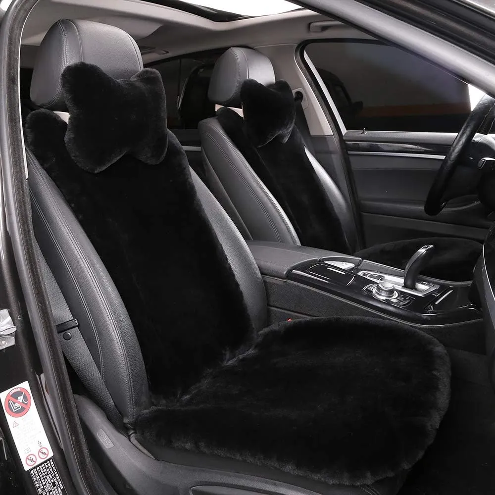 Fluffy Fuzzy Sheepskin Car Seat Covers for Universal Soft Cozy Fur Auto Wool Seat Cushion Accessories Automobiles(3 Pack Front, Black)