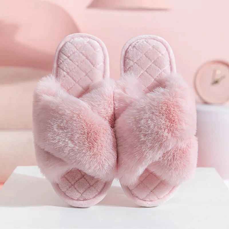 Fluffy Cross Band Slippers
