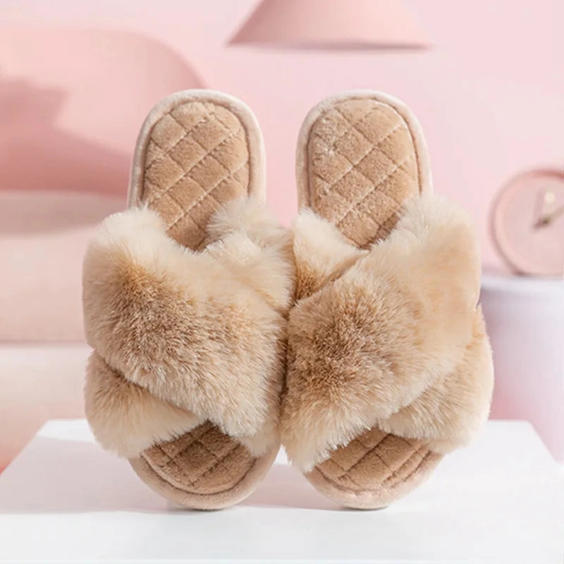 Fluffy Cross Band Slippers