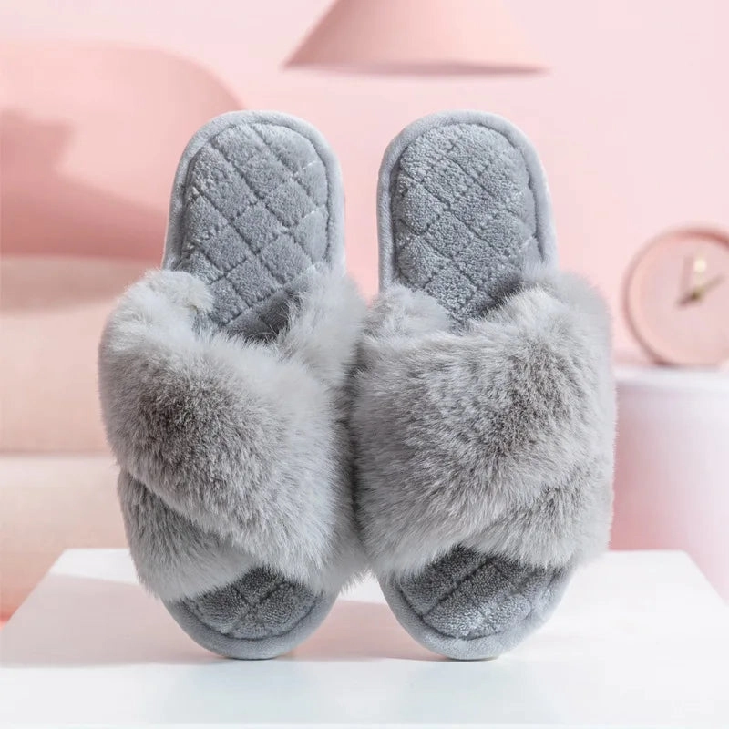 Fluffy Cross Band Slippers