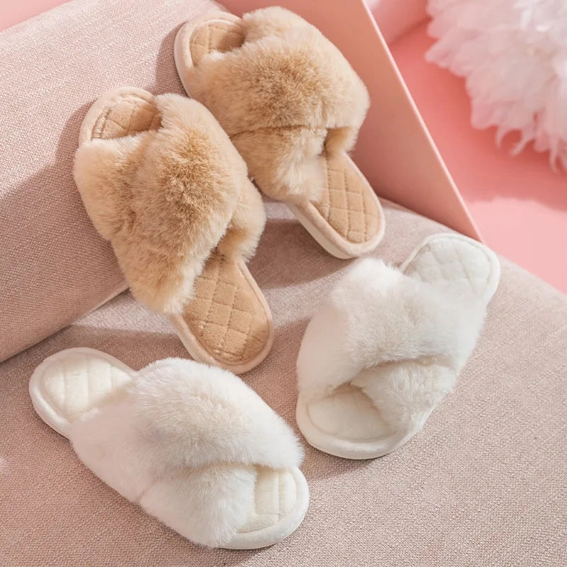 Fluffy Cross Band Slippers