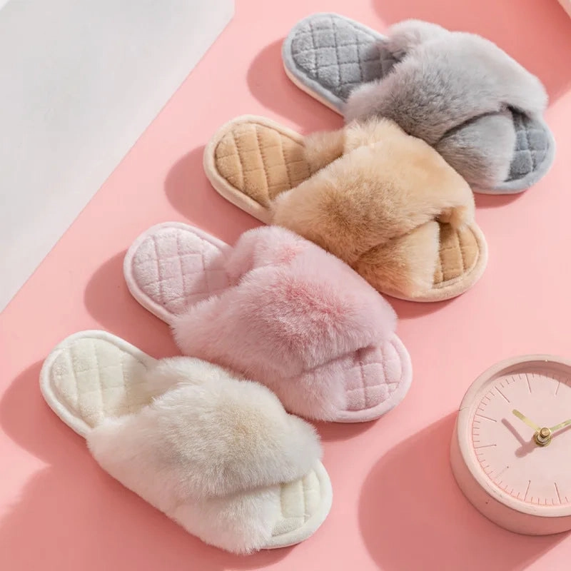 Fluffy Cross Band Slippers
