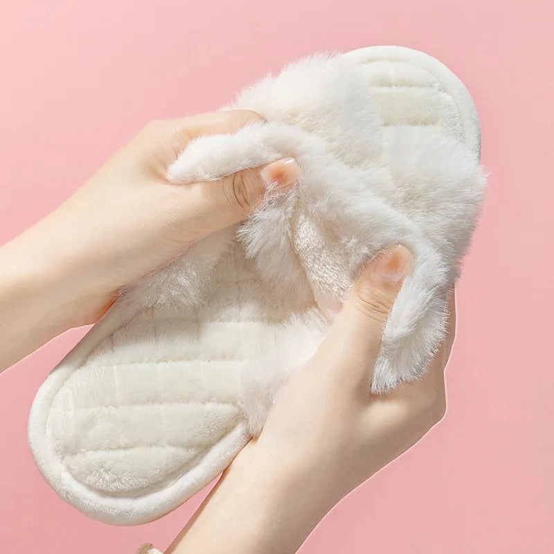 Fluffy Cross Band Slippers