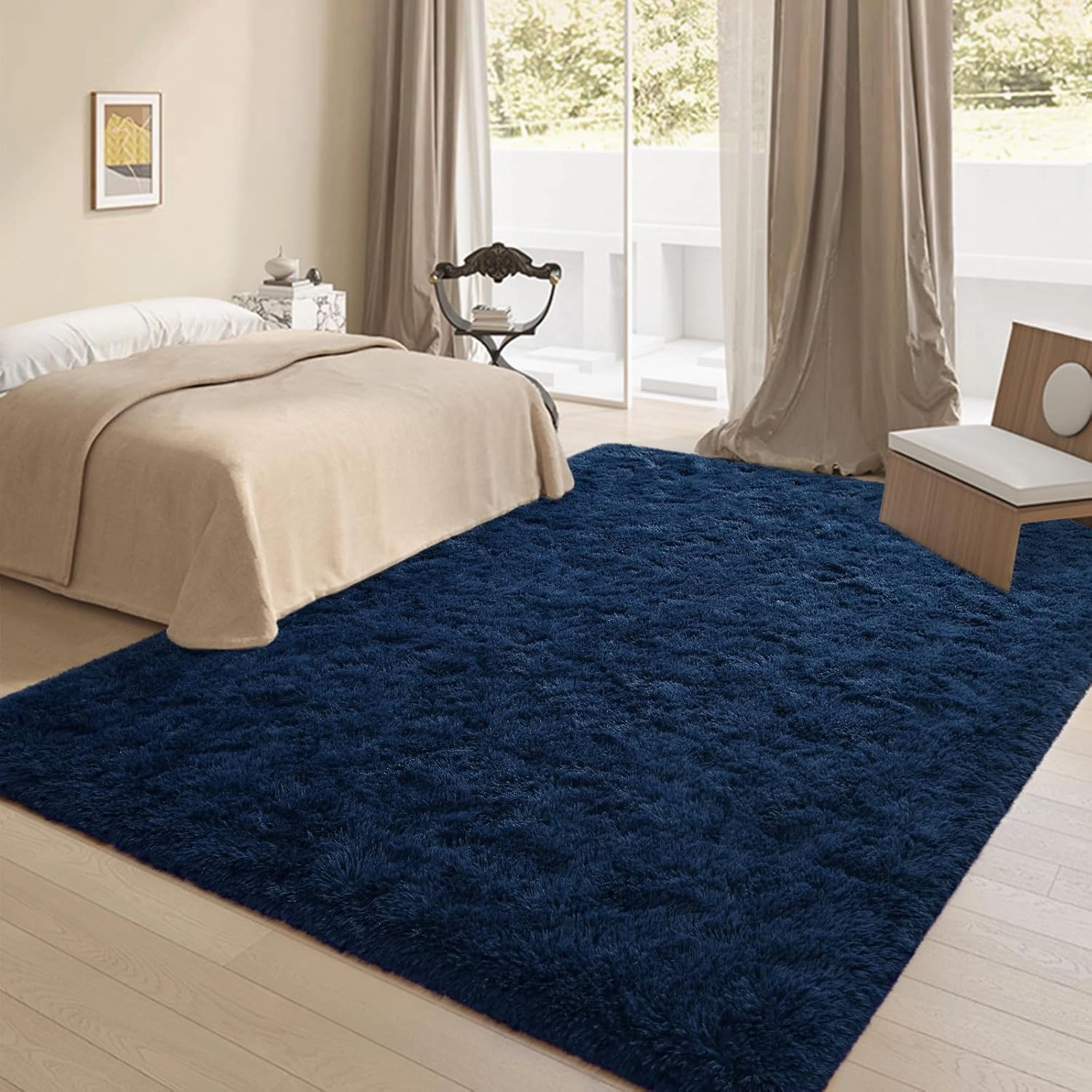 Fluffy Navy Blue Rugs for Bedroom, 4x6 Feet Dark Blue Area Rug for Living Room, Soft Shaggy Plush Cute Floor Carpet for Boys Kids Girls Bedroom, Non-Slip and Washable Carpets for Home Decor