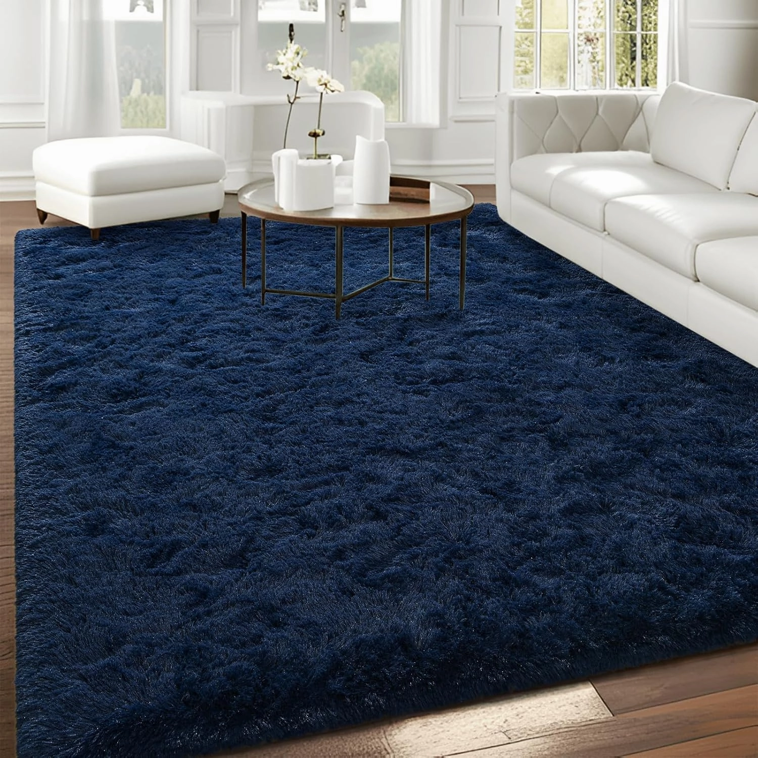 Fluffy Navy Blue Rugs for Bedroom, 4x6 Feet Dark Blue Area Rug for Living Room, Soft Shaggy Plush Cute Floor Carpet for Boys Kids Girls Bedroom, Non-Slip and Washable Carpets for Home Decor