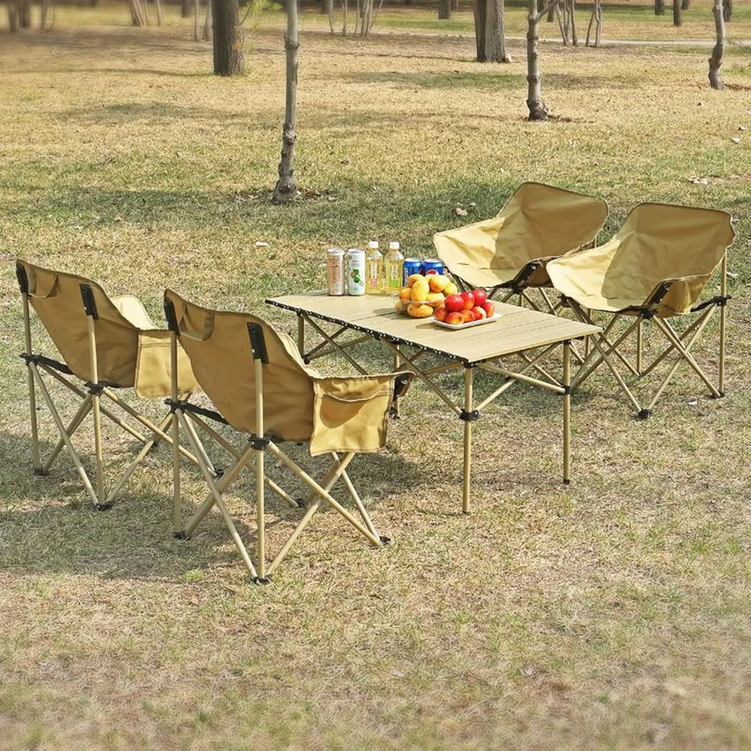 Folding Camping Table & Chairs Set, Lightweight Carbon Steel Roll-up Top Picnic Table Portable Outdoor Beach Chair Set for BBQ Garden Hiking Fishing, black-titanium-95cm-3pcs