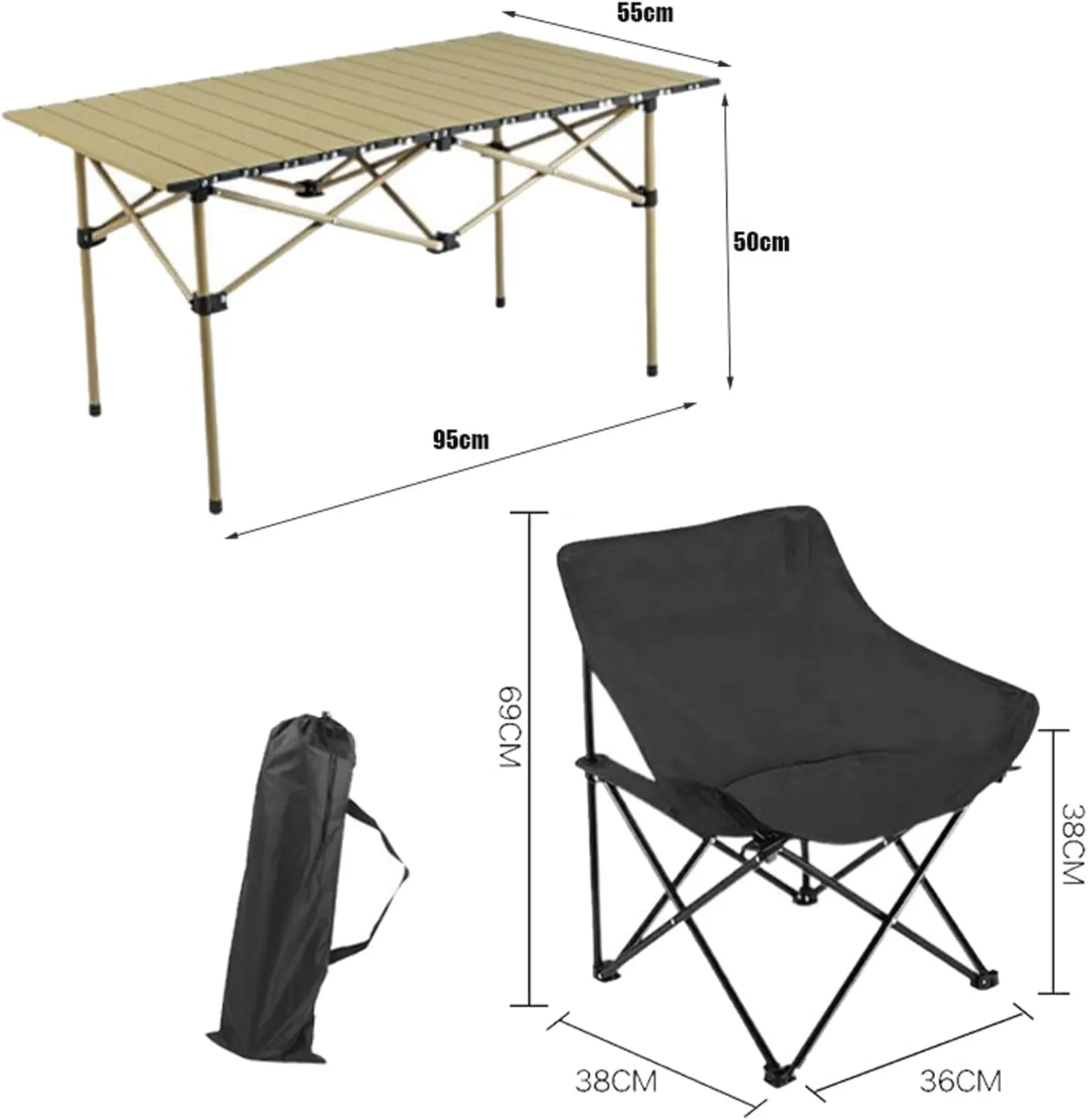 Folding Camping Table & Chairs Set, Lightweight Carbon Steel Roll-up Top Picnic Table Portable Outdoor Beach Chair Set for BBQ Garden Hiking Fishing, black-titanium-95cm-3pcs