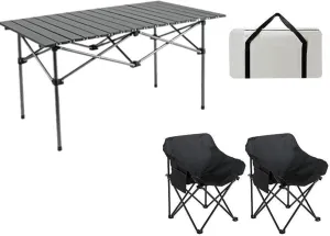 Folding Camping Table & Chairs Set, Lightweight Carbon Steel Roll-up Top Picnic Table Portable Outdoor Beach Chair Set for BBQ Garden Hiking Fishing, black-titanium-95cm-3pcs
