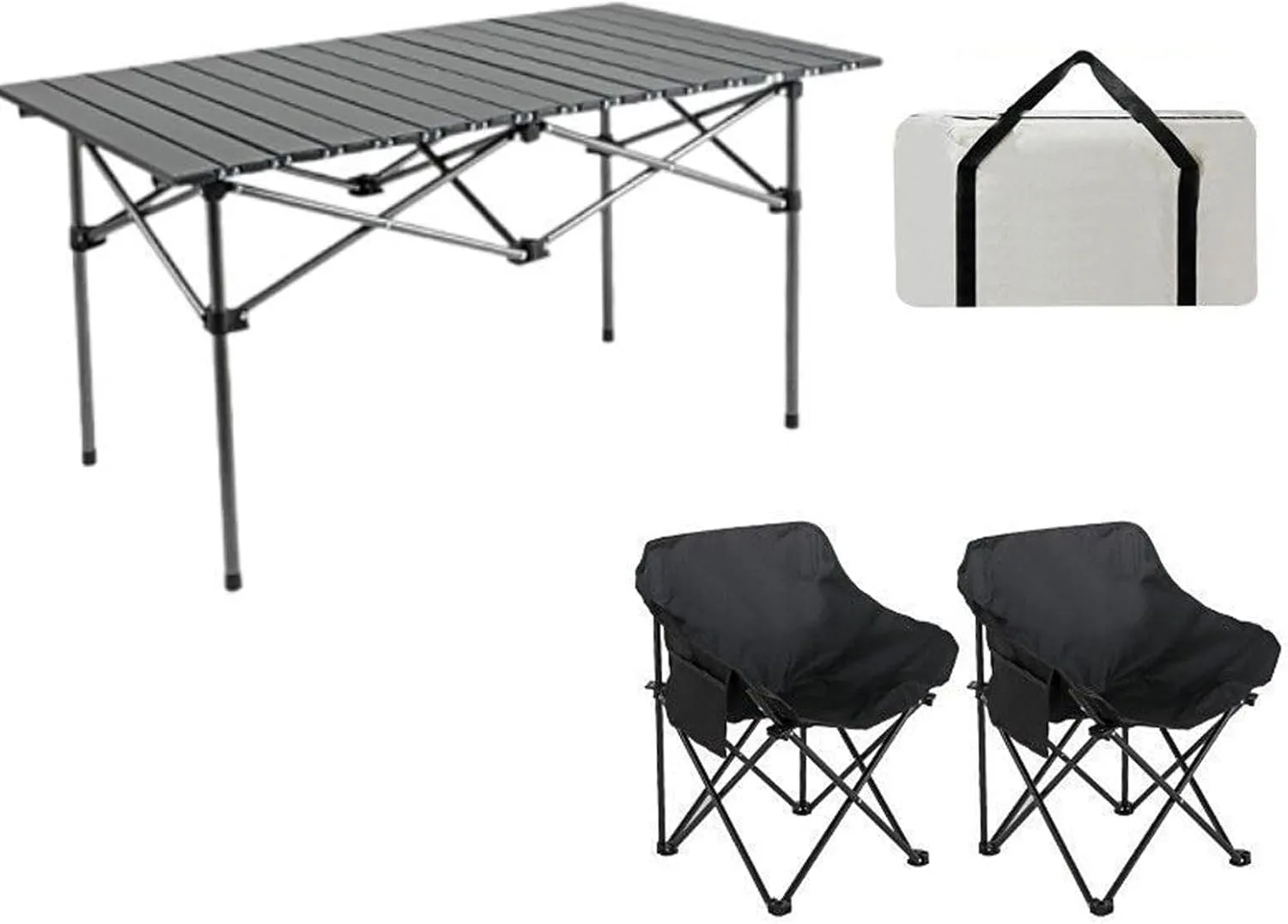Folding Camping Table & Chairs Set, Lightweight Carbon Steel Roll-up Top Picnic Table Portable Outdoor Beach Chair Set for BBQ Garden Hiking Fishing, black-titanium-95cm-3pcs