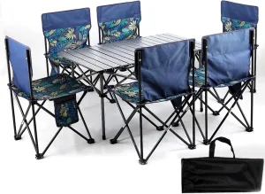 Folding Camping Table and Chair, Lightweight Picnic Aluminum Roll-up Portable Camp Chairs Foldable Lawn Chair with Carrying Bag, Blue