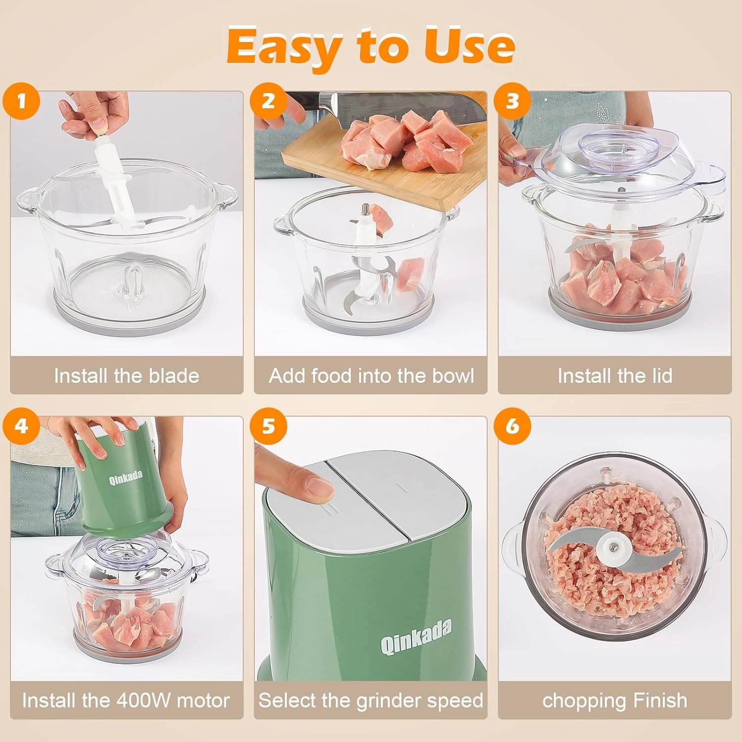 Food Processors with 2 Bowls, 400W Meat Grinder, Food Chopper Electric, 2 Speed, 8Cup Glass and 8Cup 304 Stainless Steel, 2 Blades, Spatula Green