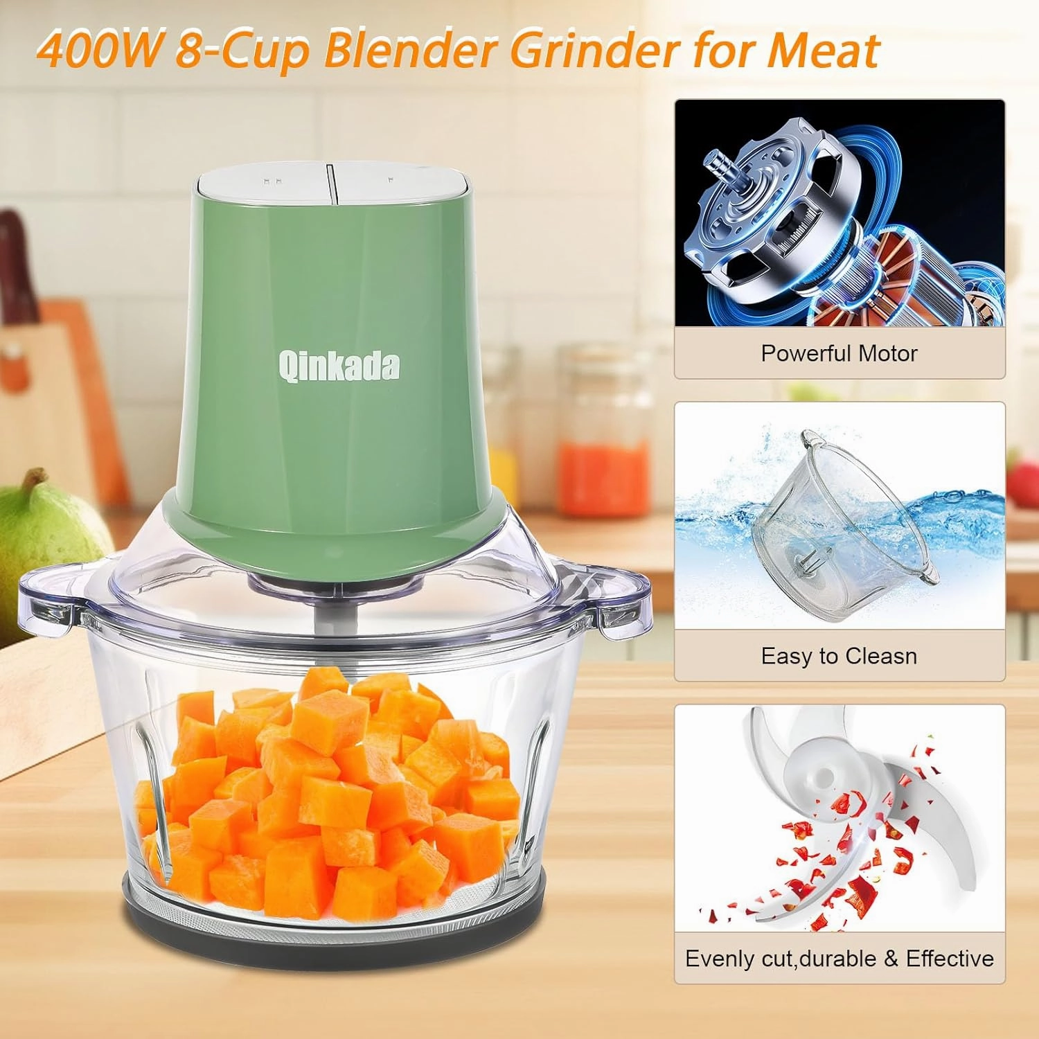 Food Processors with 2 Bowls, 400W Meat Grinder, Food Chopper Electric, 2 Speed, 8Cup Glass and 8Cup 304 Stainless Steel, 2 Blades, Spatula Green