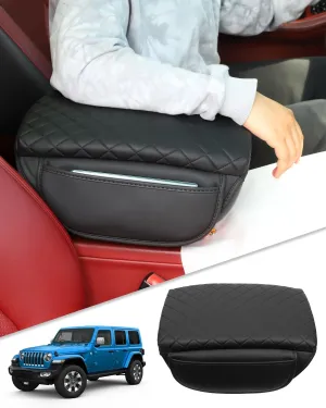 for 2024 2025 Jeep Wrangler JL 2018-2023 Center Console Cover for Jeep Gladiator JT 2020-2025 Armrest Cover Jeep Accessories Arm Rest Pad Console Cushion Lid Black Leather with Pockets