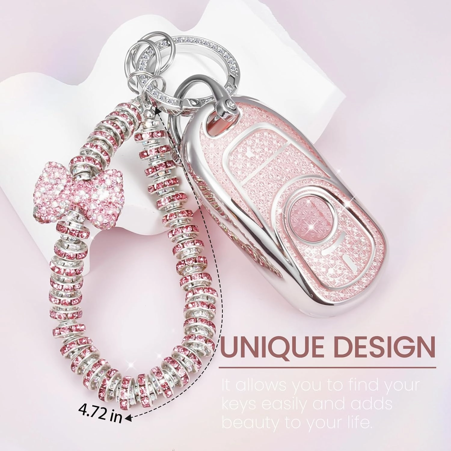 for Buick Key Fob Cover with Fashionable Zirconia Wristlet KeyChain, Enchanting Diamond Patterns Soft Case for Enclave Encore GX Envision LaCrosse Regal Tourx (Pink, A)