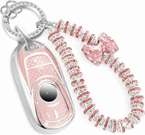 for Buick Key Fob Cover with Fashionable Zirconia Wristlet KeyChain, Enchanting Diamond Patterns Soft Case for Enclave Encore GX Envision LaCrosse Regal Tourx (Pink, A)