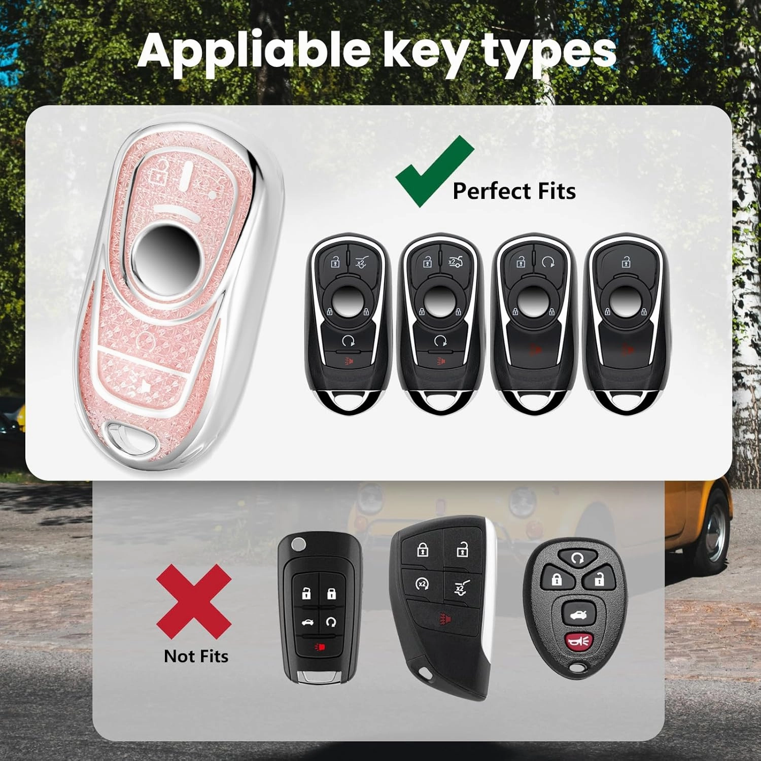 for Buick Key Fob Cover with Fashionable Zirconia Wristlet KeyChain, Enchanting Diamond Patterns Soft Case for Enclave Encore GX Envision LaCrosse Regal Tourx (Pink, A)