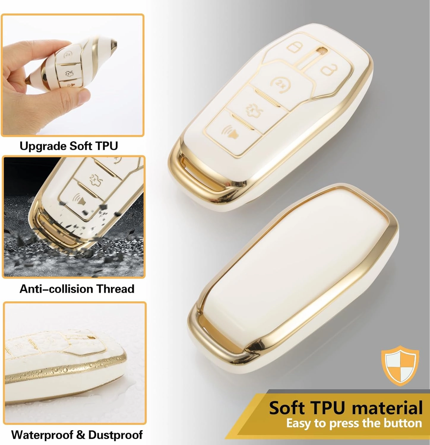 for Ford Key Fob Cover with Luxury Diamond Braided Keychain, Upgraded Soft Case for Fusion Mustang F150-350 Edge Explorer Lincoln MKZ MKC etc.(5 Button) Shell (Gold,A)