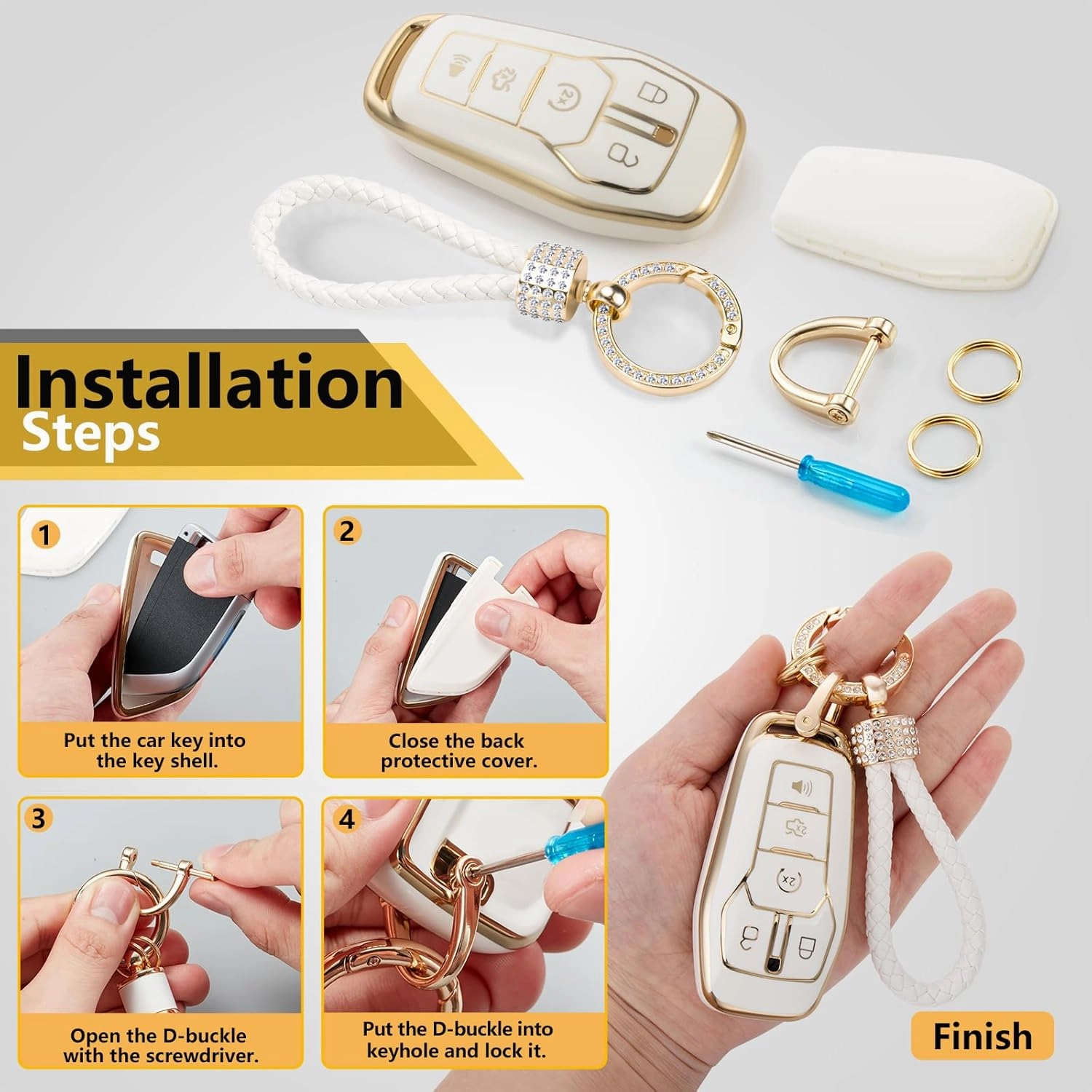 for Ford Key Fob Cover with Luxury Diamond Braided Keychain, Upgraded Soft Case for Fusion Mustang F150-350 Edge Explorer Lincoln MKZ MKC etc.(5 Button) Shell (Gold,A)