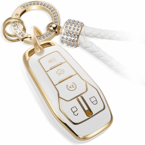 for Ford Key Fob Cover with Luxury Diamond Braided Keychain, Upgraded Soft Case for Fusion Mustang F150-350 Edge Explorer Lincoln MKZ MKC etc.(5 Button) Shell (Gold,A)