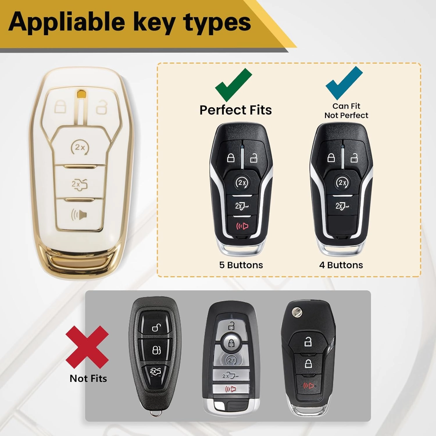 for Ford Key Fob Cover with Luxury Diamond Braided Keychain, Upgraded Soft Case for Fusion Mustang F150-350 Edge Explorer Lincoln MKZ MKC etc.(5 Button) Shell (Gold,A)
