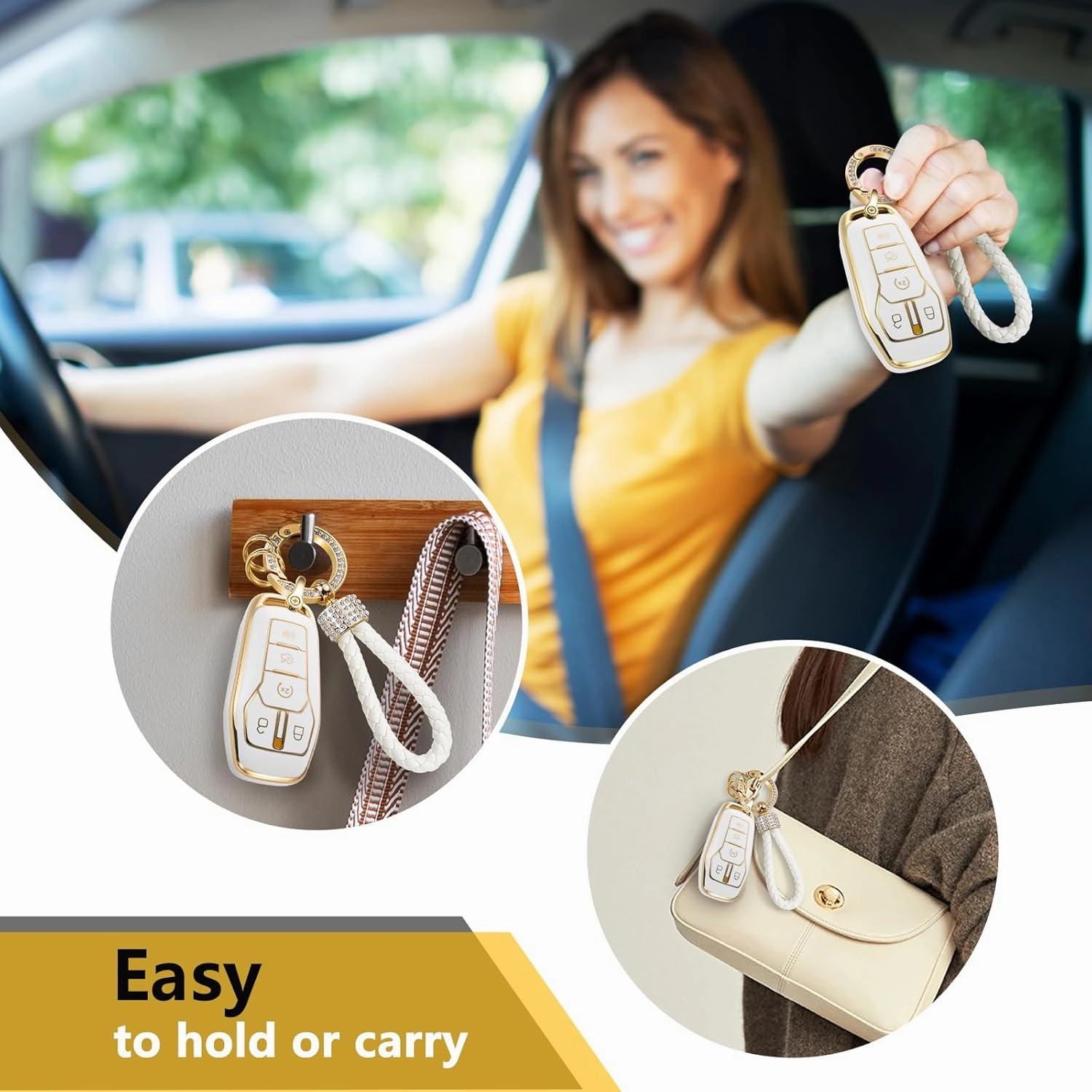 for Ford Key Fob Cover with Luxury Diamond Braided Keychain, Upgraded Soft Case for Fusion Mustang F150-350 Edge Explorer Lincoln MKZ MKC etc.(5 Button) Shell (Gold,A)