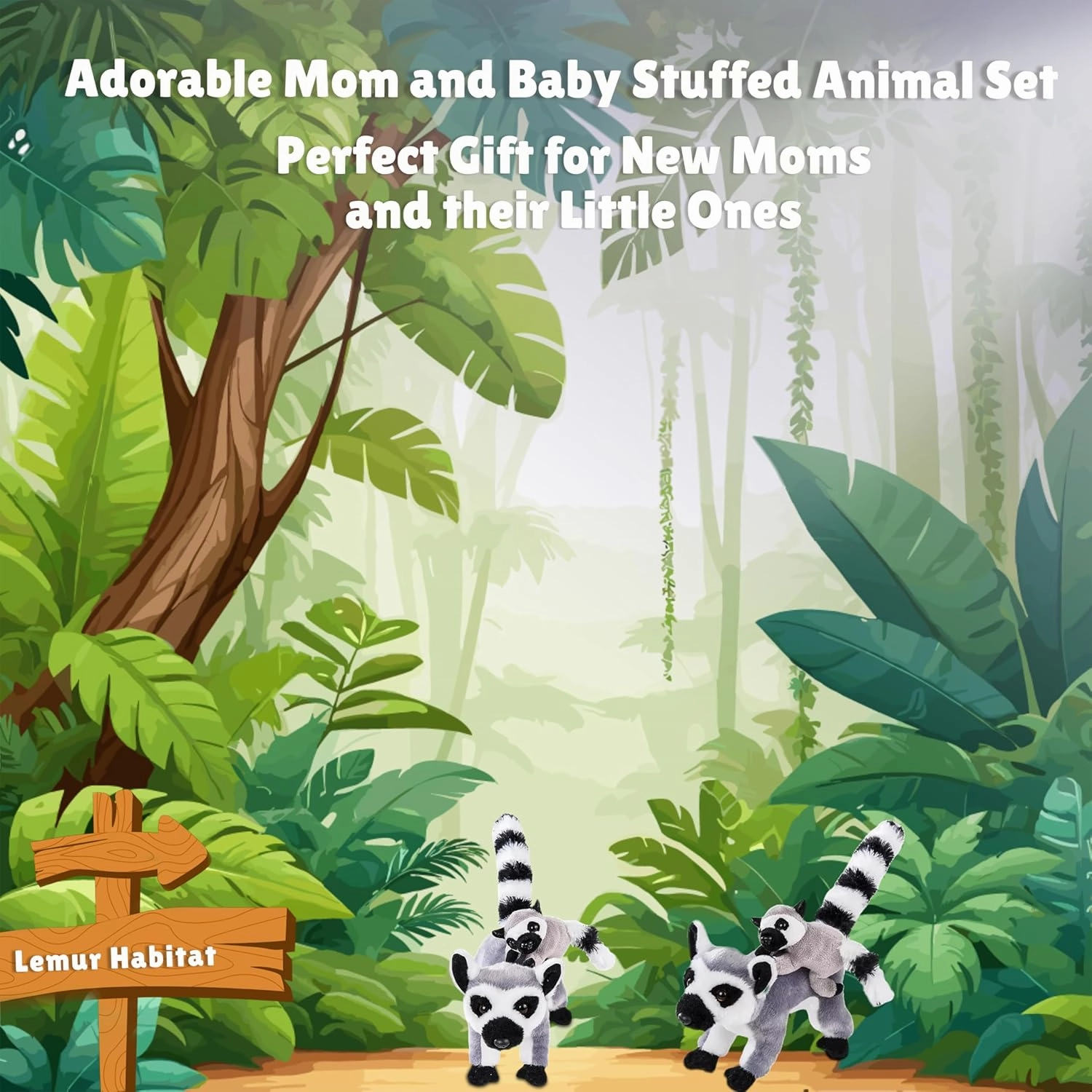 Forest & Twelfth Mom and Baby Mini Lemur, Stuffed Animals for Boys and Girls, Safari Baby Shower Decorations, Nursery Decor, Zoo Animals for Toddlers, Plush Toys, Soft Stuffed Lemur, Huggable