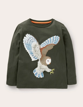 Forest Appliqué T-shirt-Khaki Green Owl