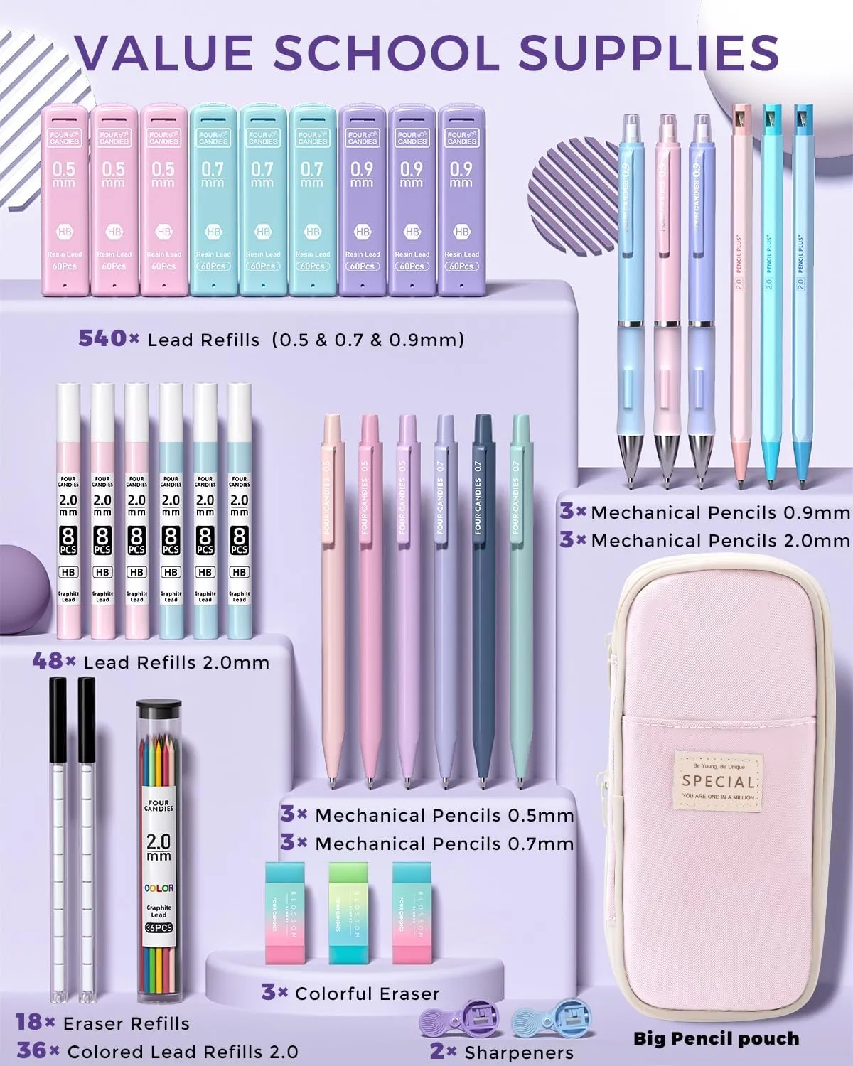 Four Candies 36PCS Aesthetic School Supplies, Mechanical Pencils 0.5mm, 0.7mm, 0.9mm & 2.0mm with 624PCS Lead Refills, Cute Mechanical Pencils for Writing, Drawing & Drafting (Pink)
