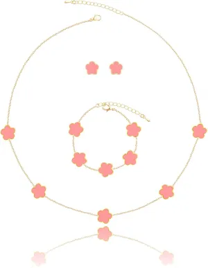 Four Leaf Clover Necklace Bracelet and Stud Earrings Set for Women Lucky Flower 14K Gold Jewelry