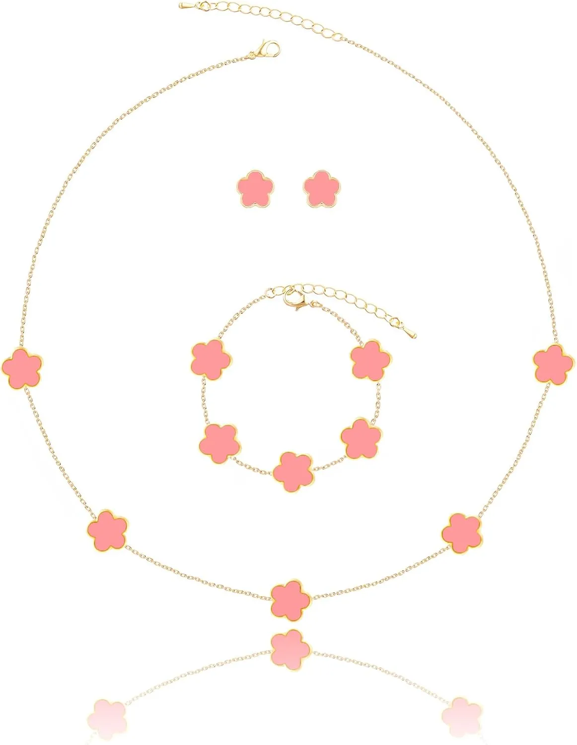 Four Leaf Clover Necklace Bracelet and Stud Earrings Set for Women Lucky Flower 14K Gold Jewelry