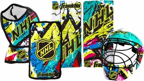 Franklin Sports NHL Youth Knee Hockey Goalie Pads   Helmet Set - Kids Knee   Mini Hockey Goalie Gear   Equipment - (2) Leg Pads, Catch Glove, Blocker   Mask Included - Graffiti