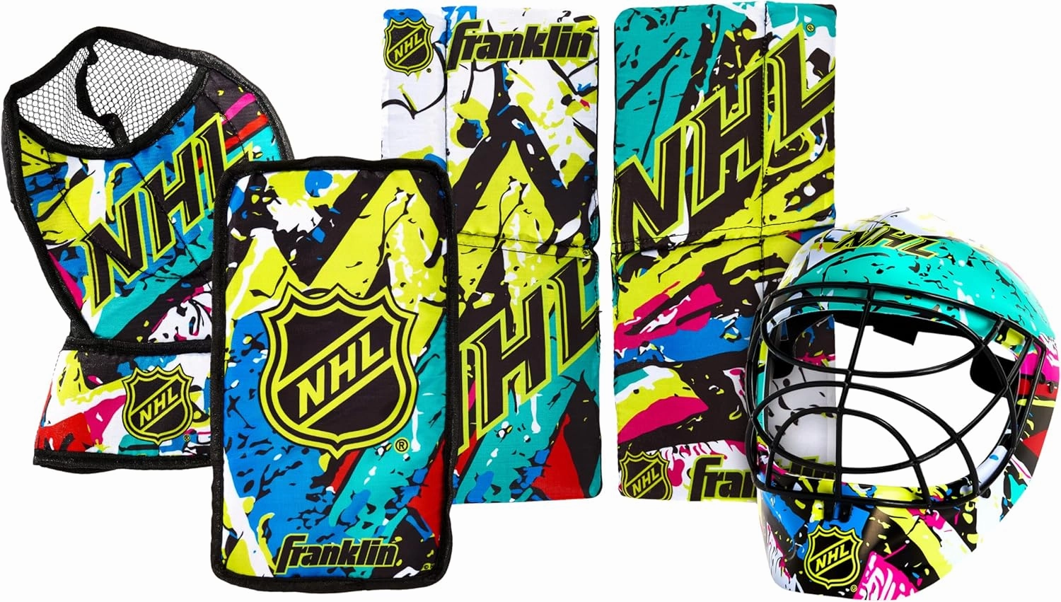 Franklin Sports NHL Youth Knee Hockey Goalie Pads   Helmet Set - Kids Knee   Mini Hockey Goalie Gear   Equipment - (2) Leg Pads, Catch Glove, Blocker   Mask Included - Graffiti
