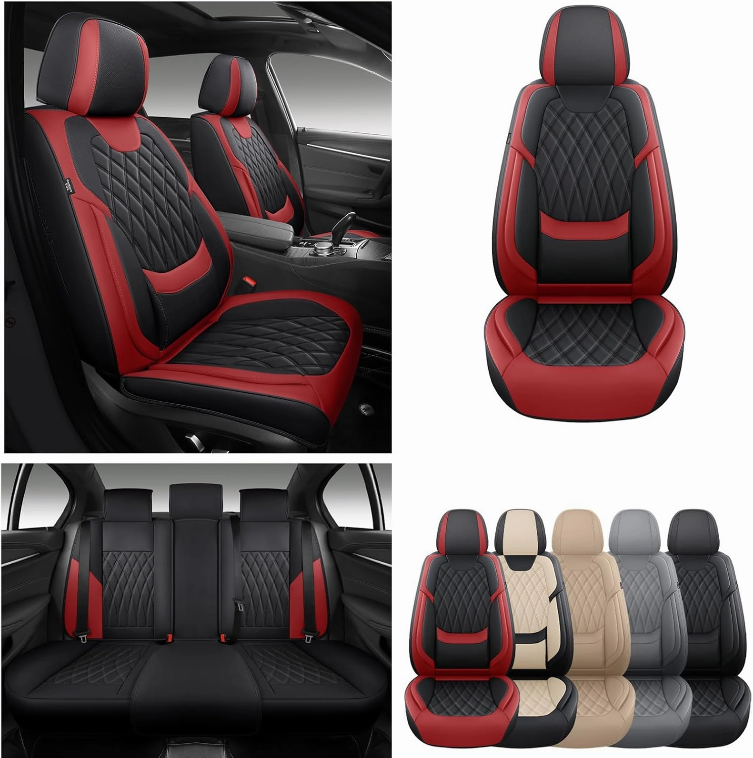 FREESOO Black Red Car Seat Covers Full Set - Faux Nappa Leather Seat Covers for Cars, Breathable Waterproof Front Seats with Lumbar Support and Rear Seat Cover, Fit for Automotive Sedans SUVs Pickups